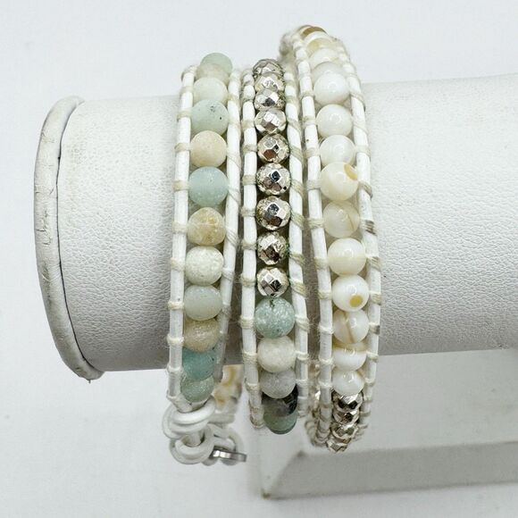 Victoria Emerson White Wrap Bracelet Muted Neutral Teal Stone And Silver Beads - Picture 1 of 7